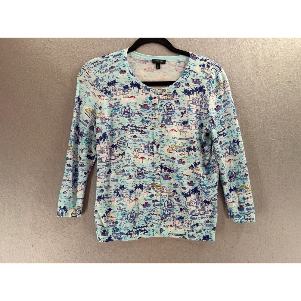 Talbots Santorini Cardigan Sweater Womens SP Lightweight Boats Coastal Novelty